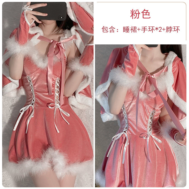 NaughtyBunny 粉色冬季兔女郎圣诞套装（包含斗篷） 霏慕